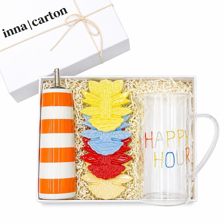 Happy Hour Borosilicate Glass Jug Blume Stoneware Coasters Bold Orange Stoneware Oil/Vinegar Bottle, the best customized gift and gifts for her and for him from Inna Carton online shop Dubai, UAE!
