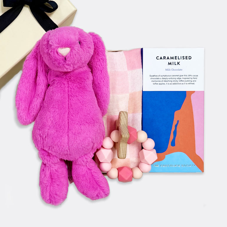 Bashful Bunny Soft Toy | Rose Checkered Muslin Square | Pink Dim Star Teether Caramelised Milk Chocolate Bar , shop the best Christmas gift gifts for her for him from Inna carton online store dubai, UAE!