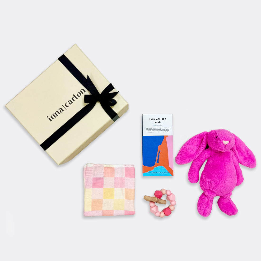 Bashful Bunny Soft Toy | Rose Checkered Muslin Square | Pink Dim Star Teether Caramelised Milk Chocolate Bar , shop the best Christmas gift gifts for her for him from Inna carton online store dubai, UAE!
