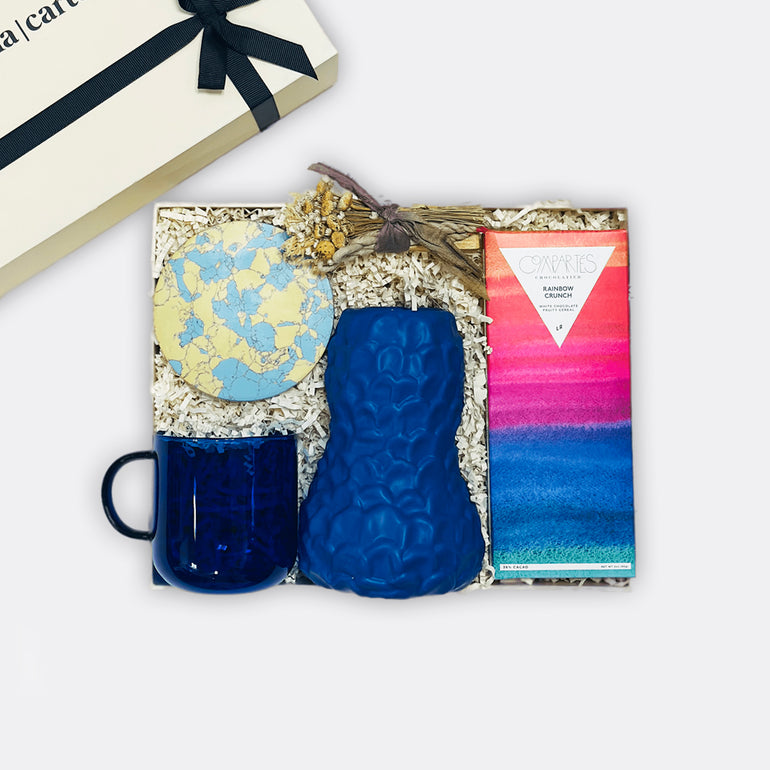 Rainbow Cereal White Chocolate Bar Fused Scale Ceramic Vase Glass Mug | Blue Marble Coaster | Turquoise Palo Santo Stick, the best-customized gift box and gifts for her and for him from Inna Carton online shop Dubai, UAE