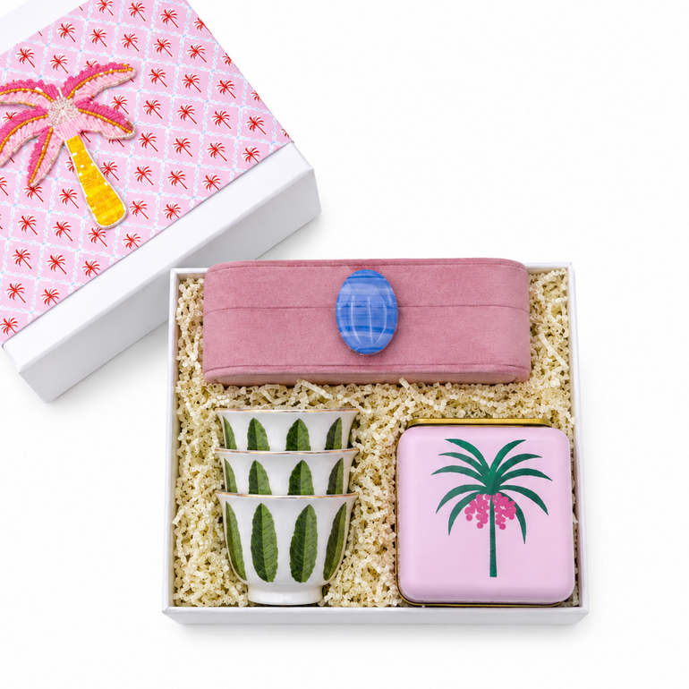 Charm Velvet Jewelry Box Nakhla Hand-painted Concrete Bakhour Burner Palm Porcelain Gahwa Coffee Cups, the best customized gift and gifts for her and for him from Inna Carton online shop Dubai, UAE!