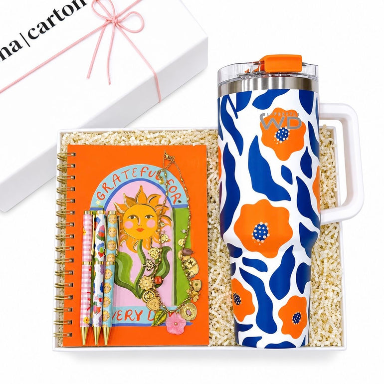 Grateful Sunflower Notebook Orange Bloom Stainless XL Travel Mug Lucky Charm Necklace Wildest Dreams Ballpoint Pen Set, the best customized gift and gifts for her and for him from Inna Carton online shop Dubai, UAE!
