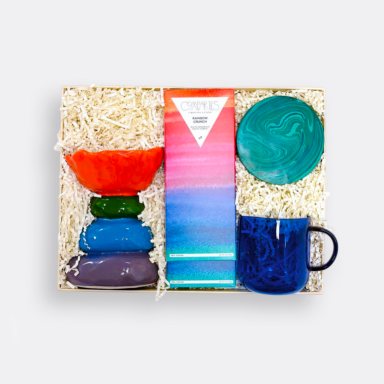 The Rock Mabkhara Large Coupe | Opaque Rainbow Cereal white Chocolate bar Marble coaster | Green Borosilicate Glass Mug | Blue, the best-customized gift box and ramadan gifts for her and for him from Inna Carton online shop Dubai, UAE