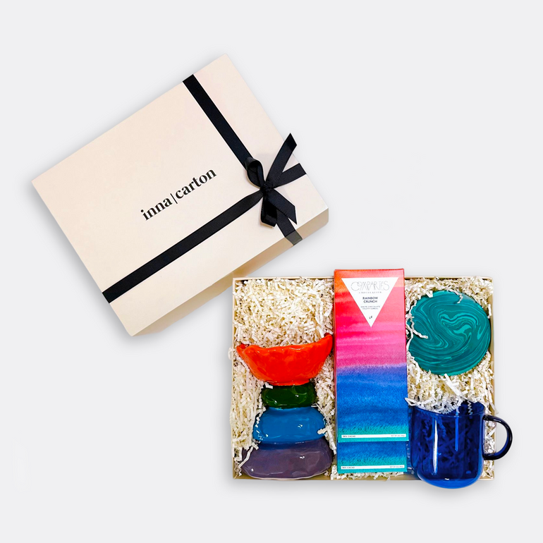 The Rock Mabkhara Large Coupe | Opaque Rainbow Cereal white Chocolate bar Marble coaster | Green Borosilicate Glass Mug | Blue, the best-customized gift box and ramadan gifts for her and for him from Inna Carton online shop Dubai, UAE